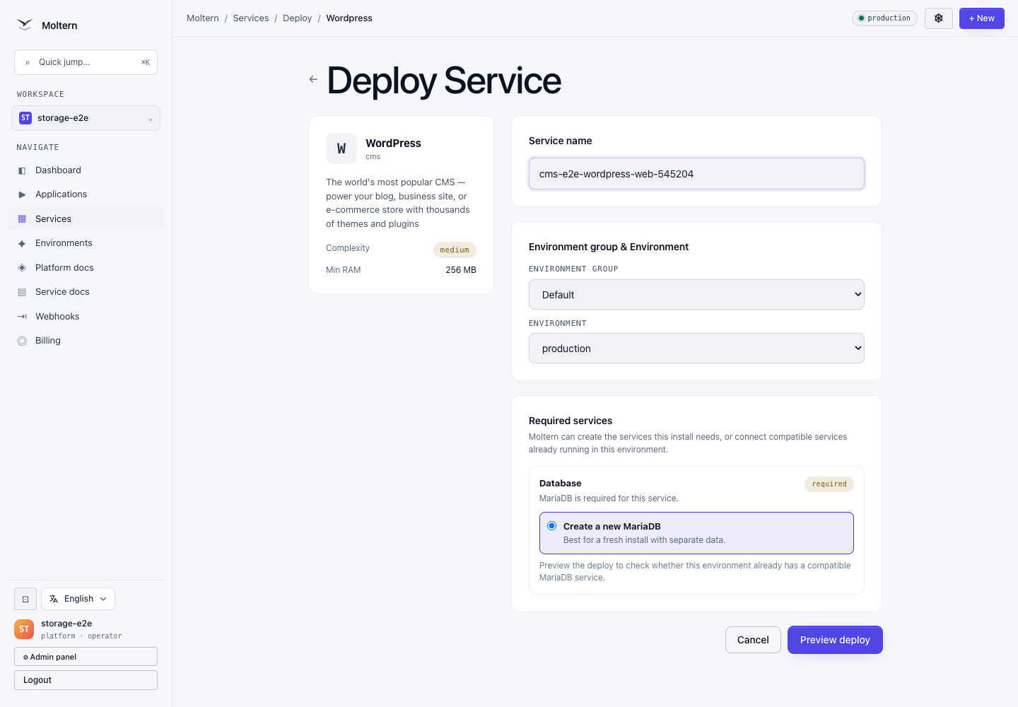 WordPress deploy form in Moltern