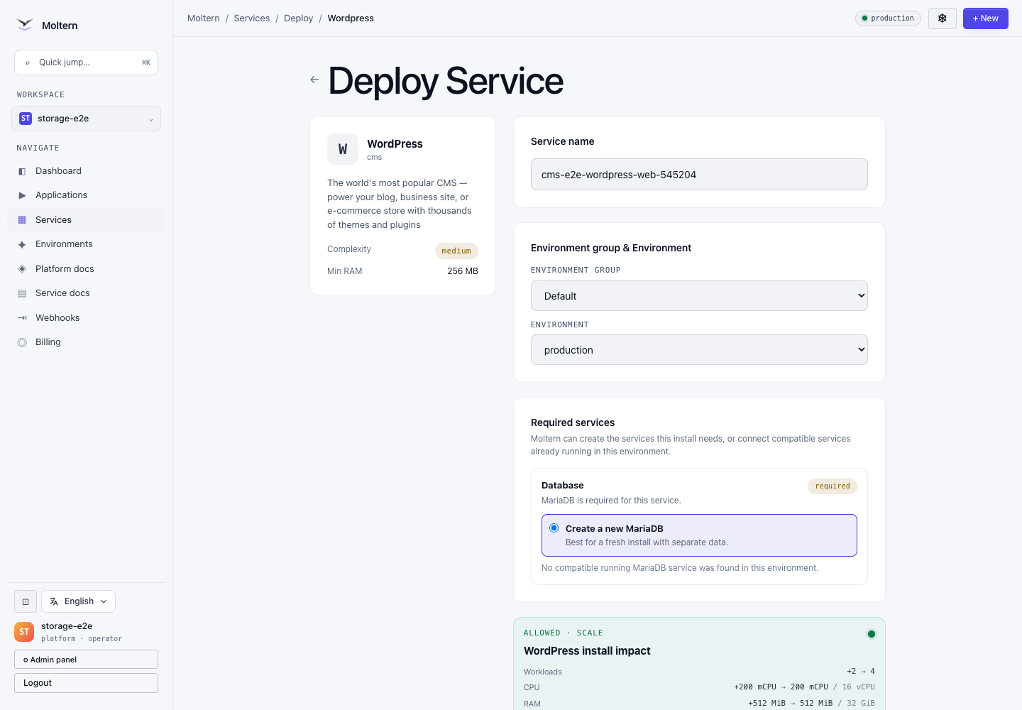 WordPress deploy preview in Moltern