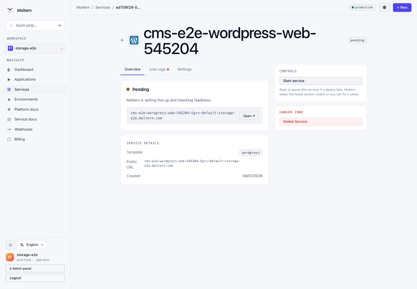 WordPress service detail page in Moltern